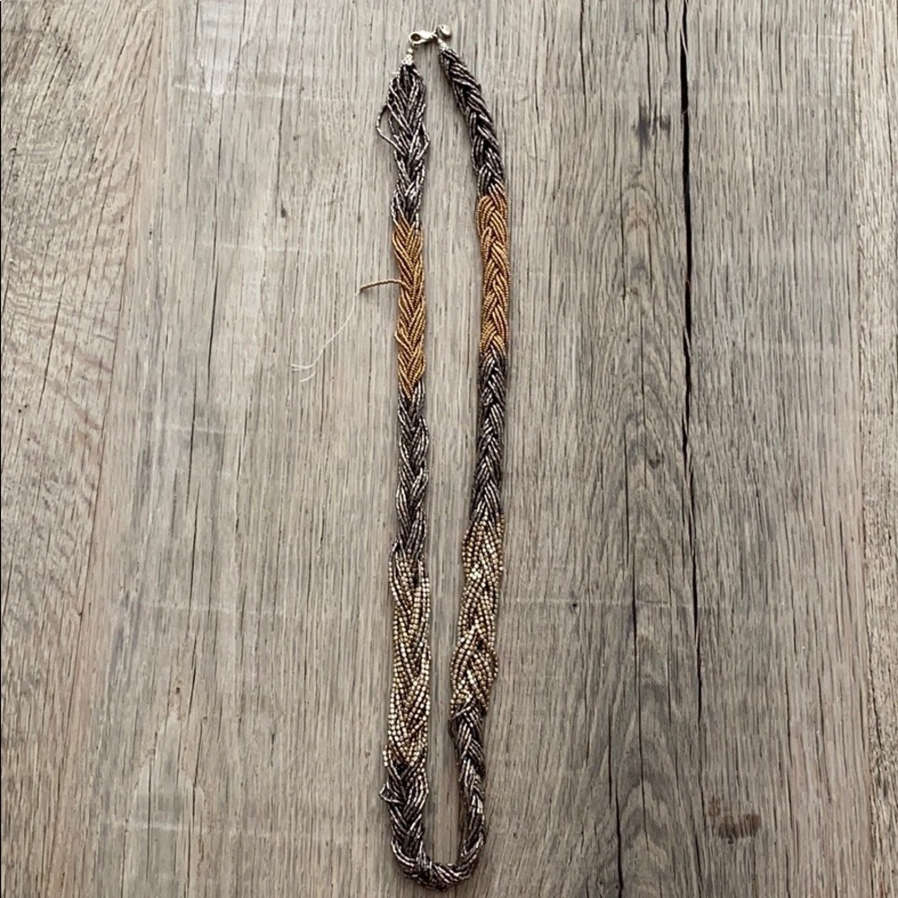 Long multi-colored braided, beaded necklace